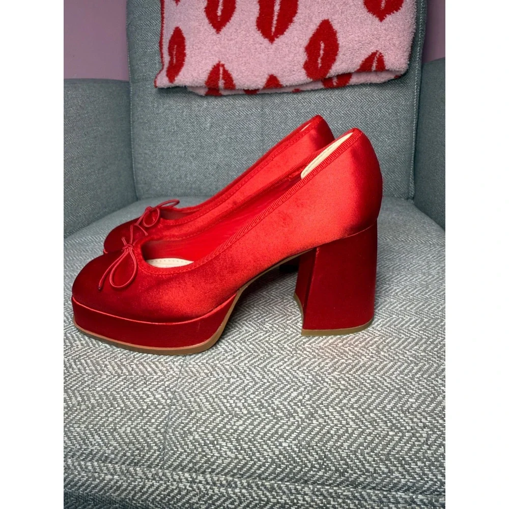 Coutgo Red‎ Satin Platform Pumps Block Heel Square Toe Bow Heels Womens 8.5